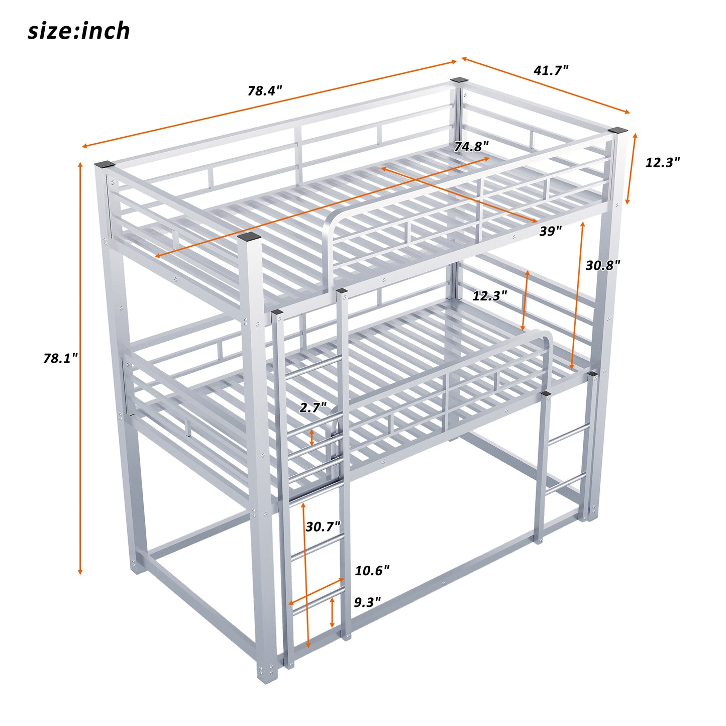 Silver metal triple bunk bed with dimensions