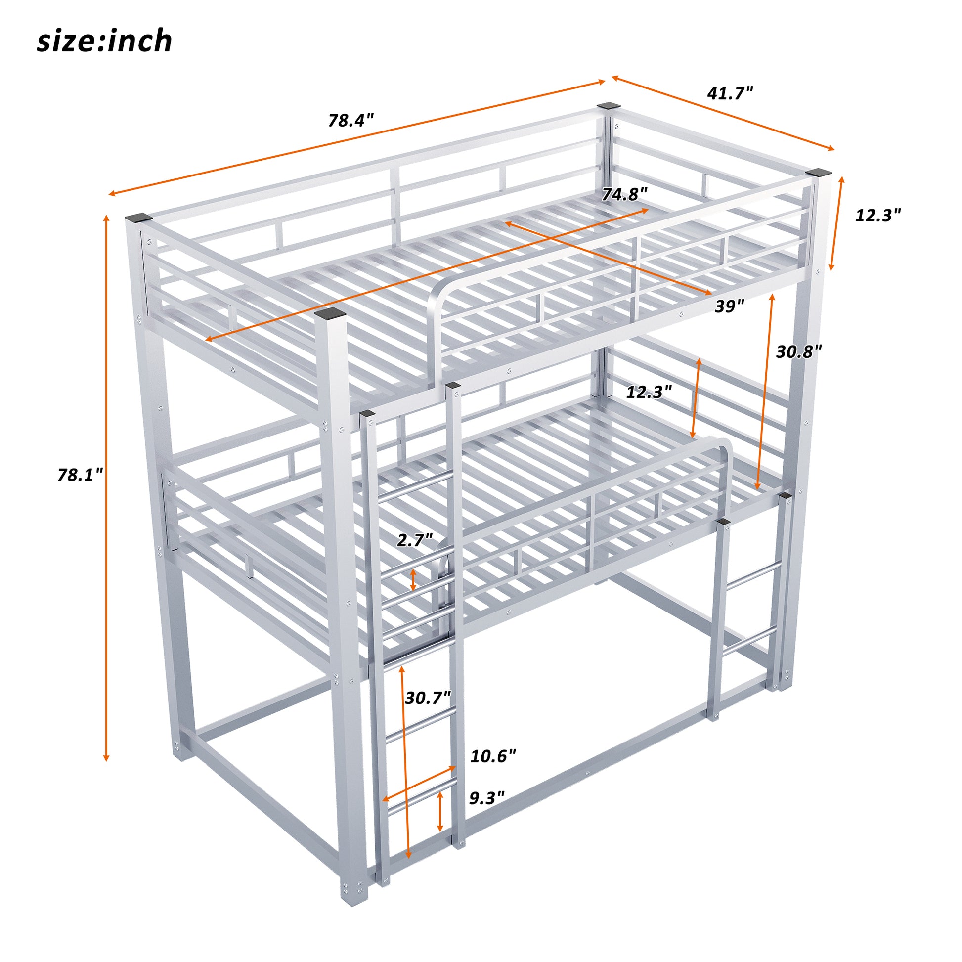 Silver metal triple bunk bed with dimensions