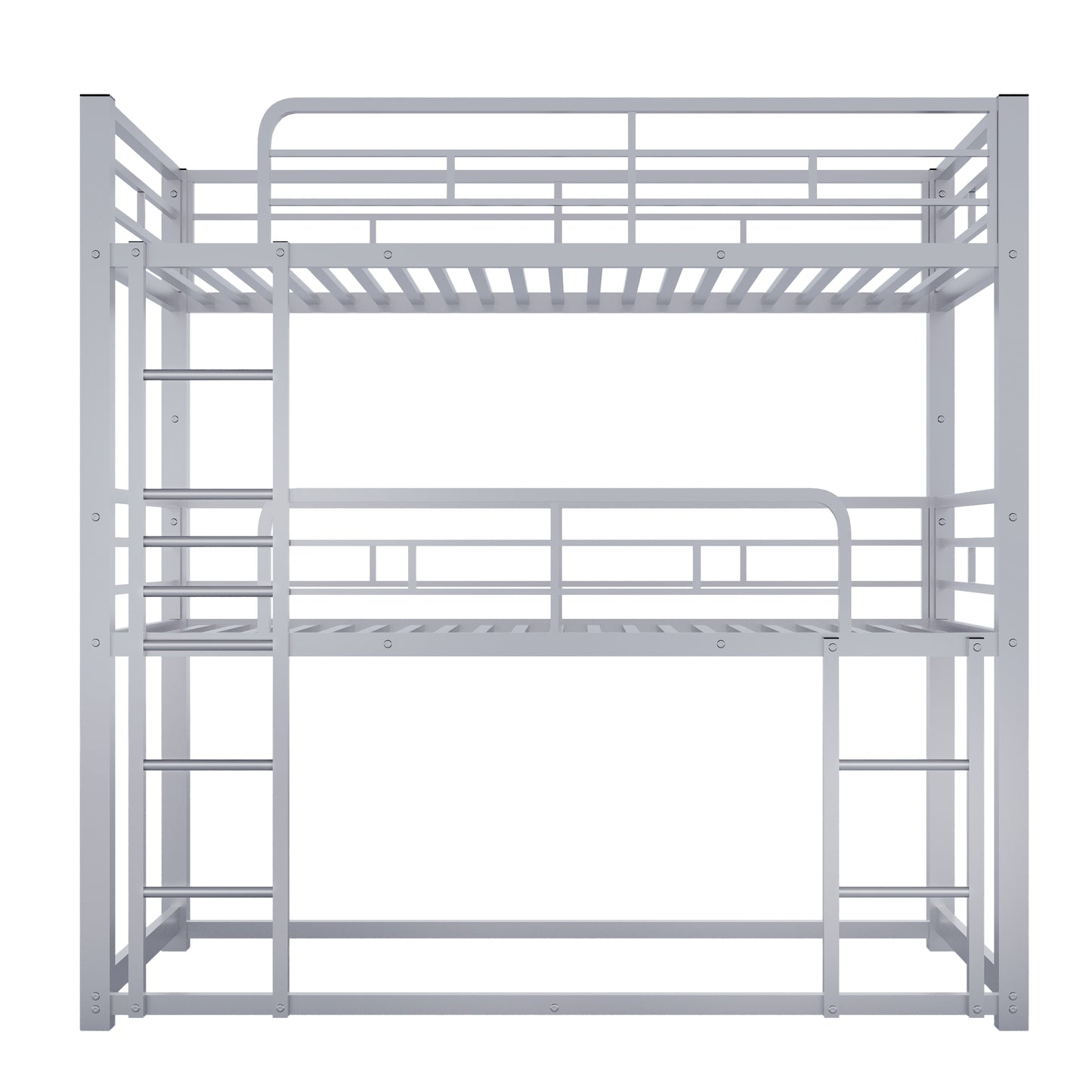 Silver metal triple bunk bed with integrated ladders