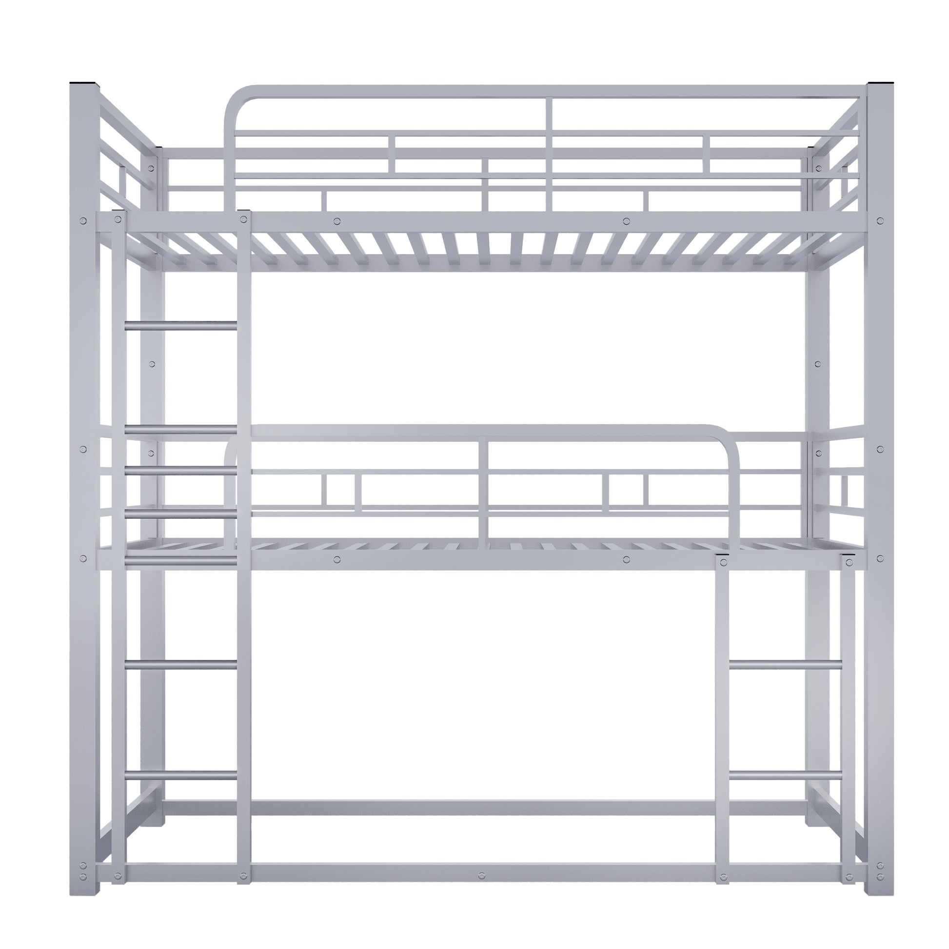 Silver metal triple bunk bed with integrated ladders