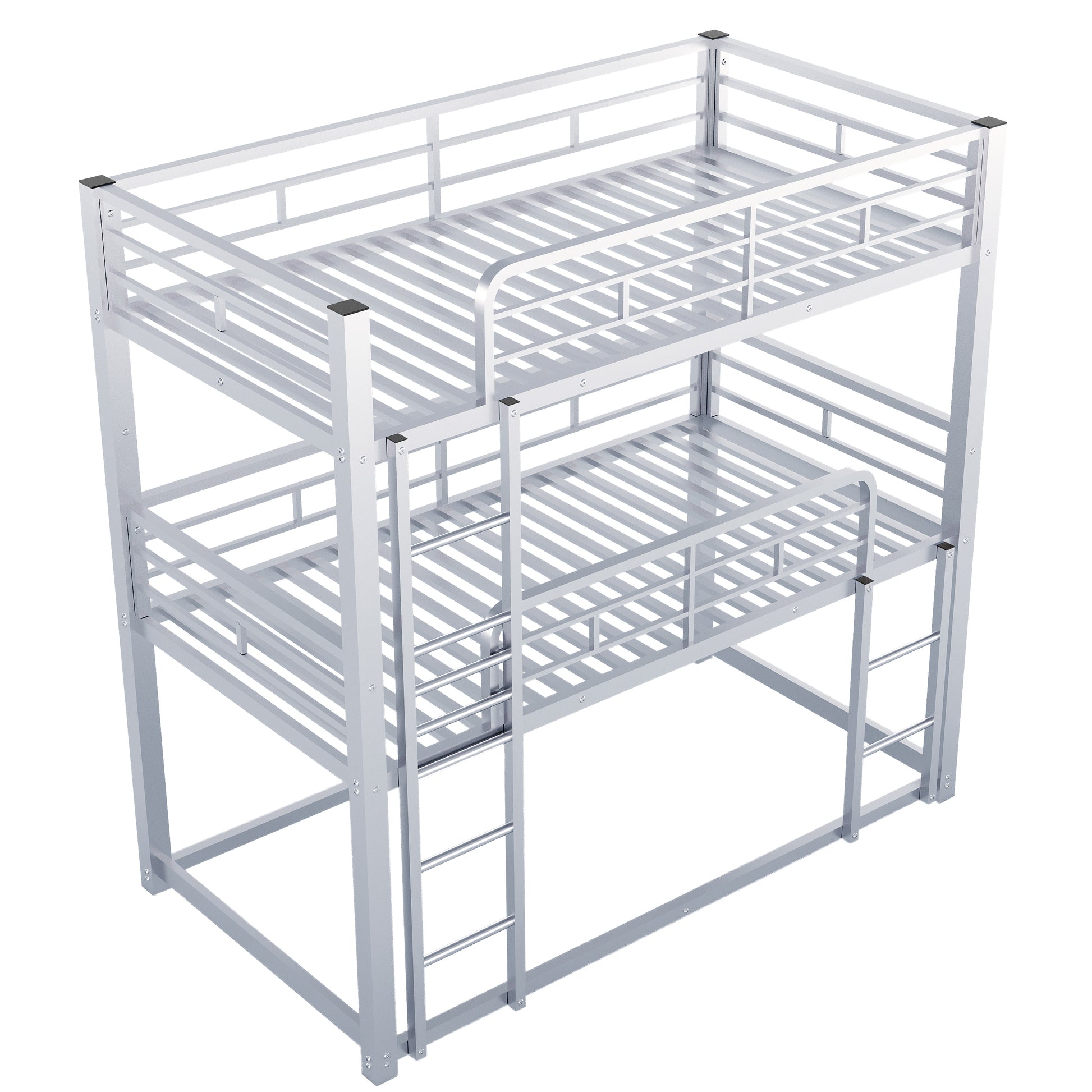 Silver metal twin bunk bed with ladder and guardrails
