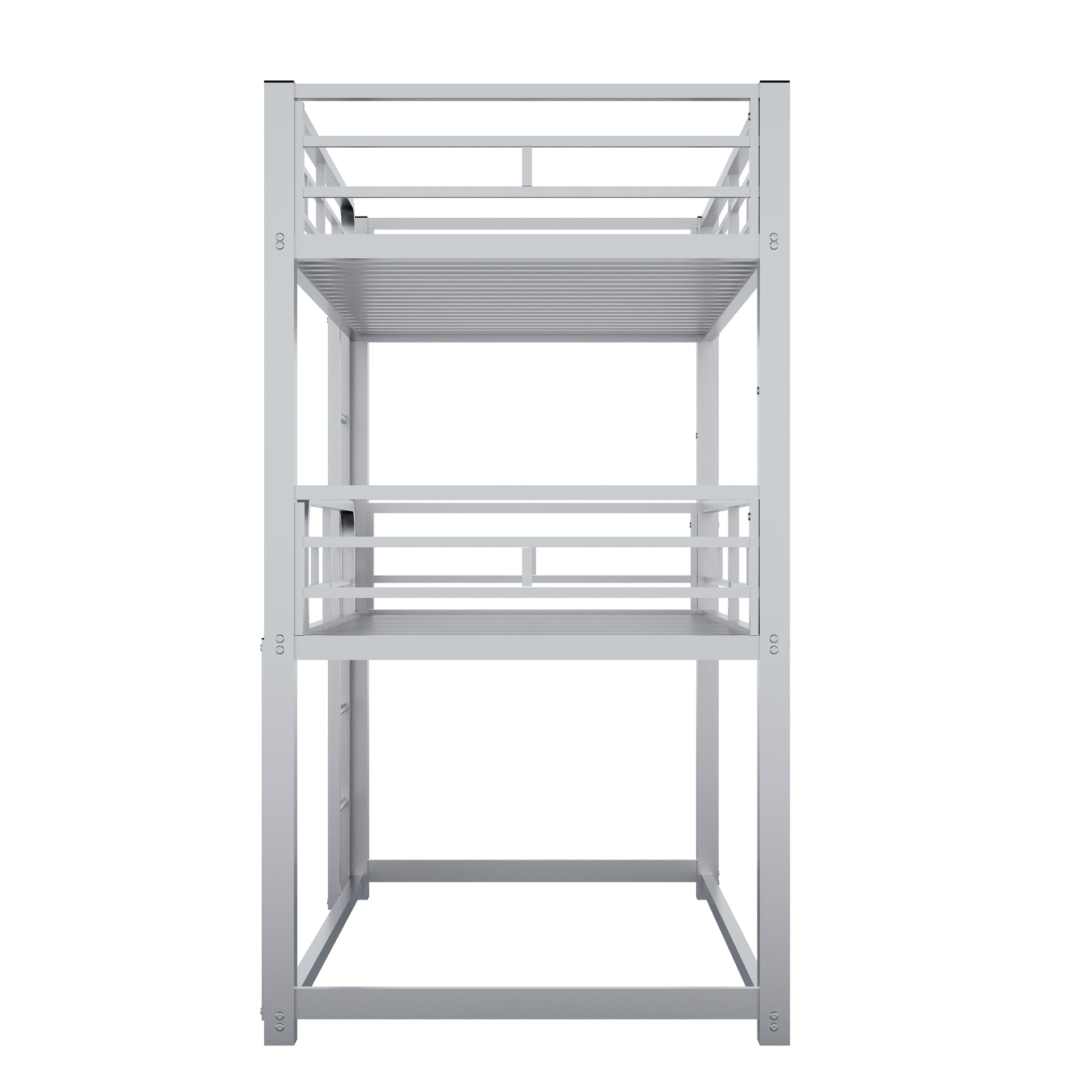 Silver metal twin loft bed frame with integrated ladder