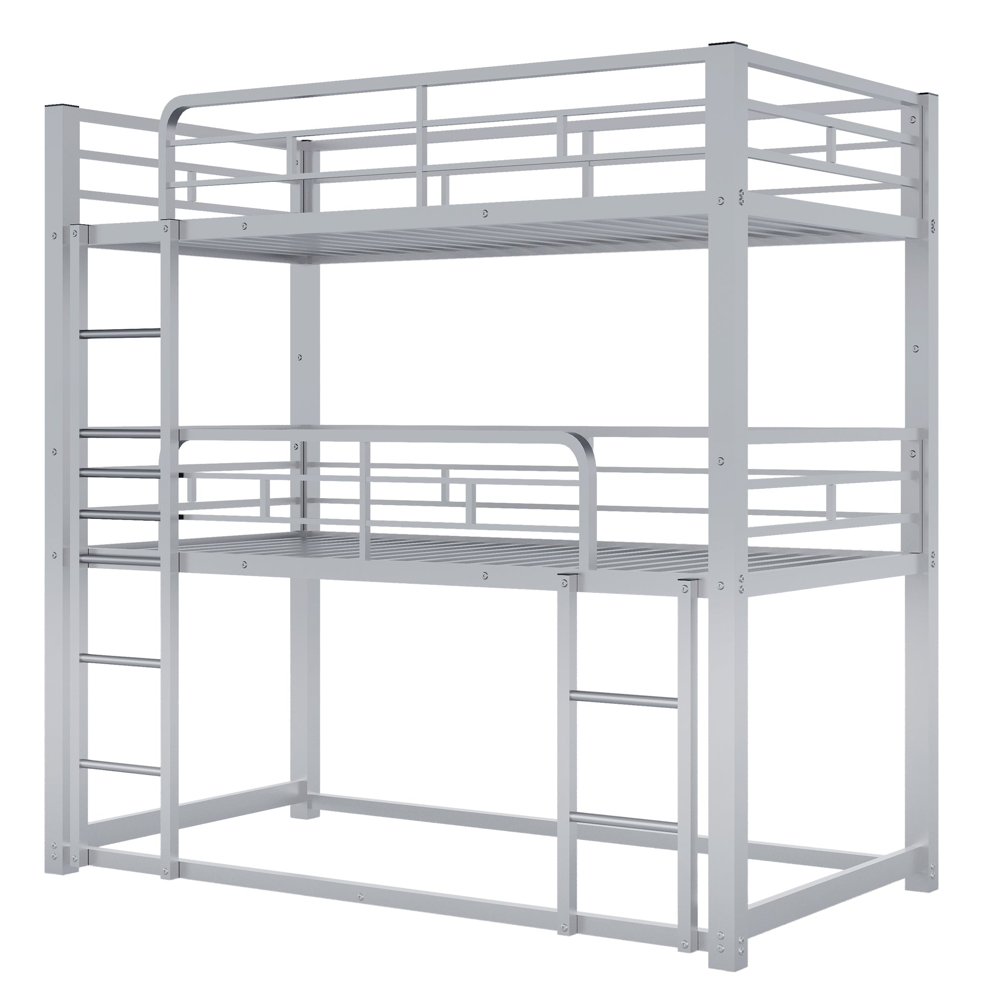 Silver metal triple bunk bed with integrated ladders on both sides