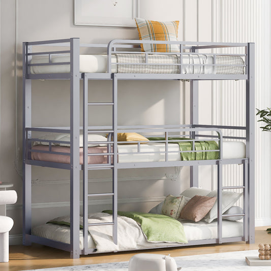 Gray triple metal bunk bed with ladders