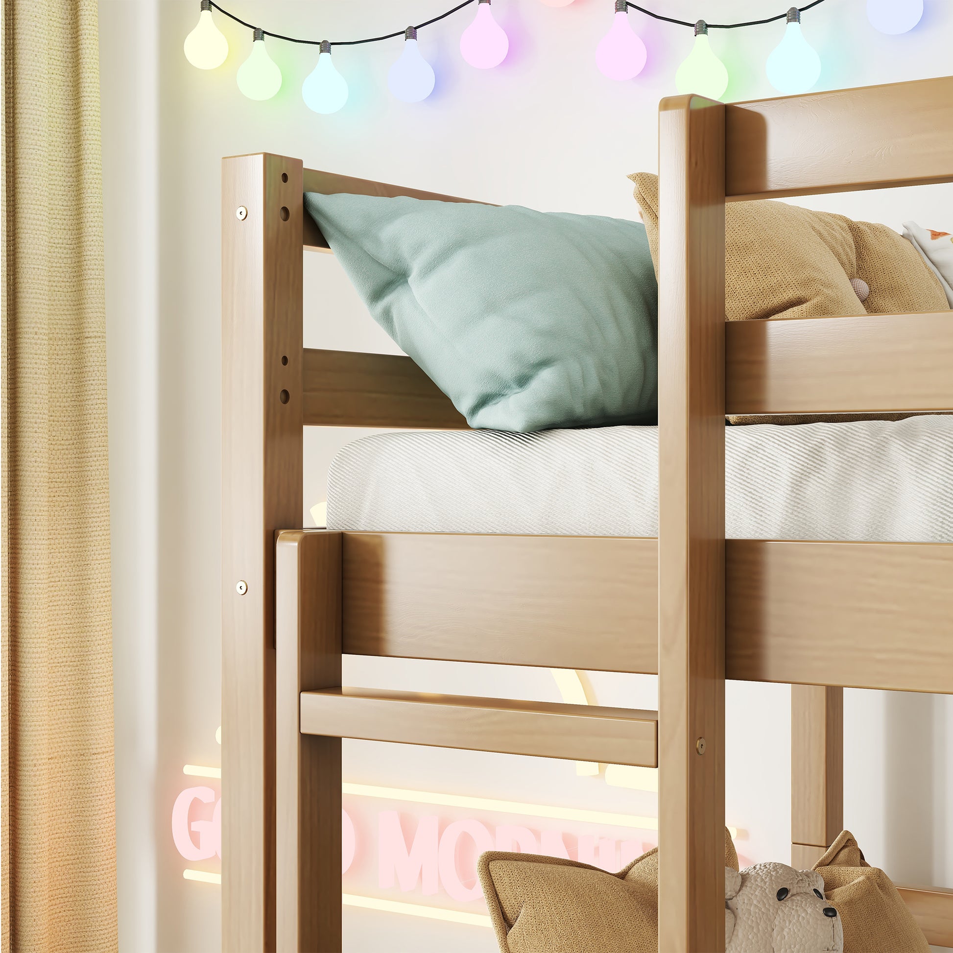 Natural wood bunk bed with blue and tan pillows