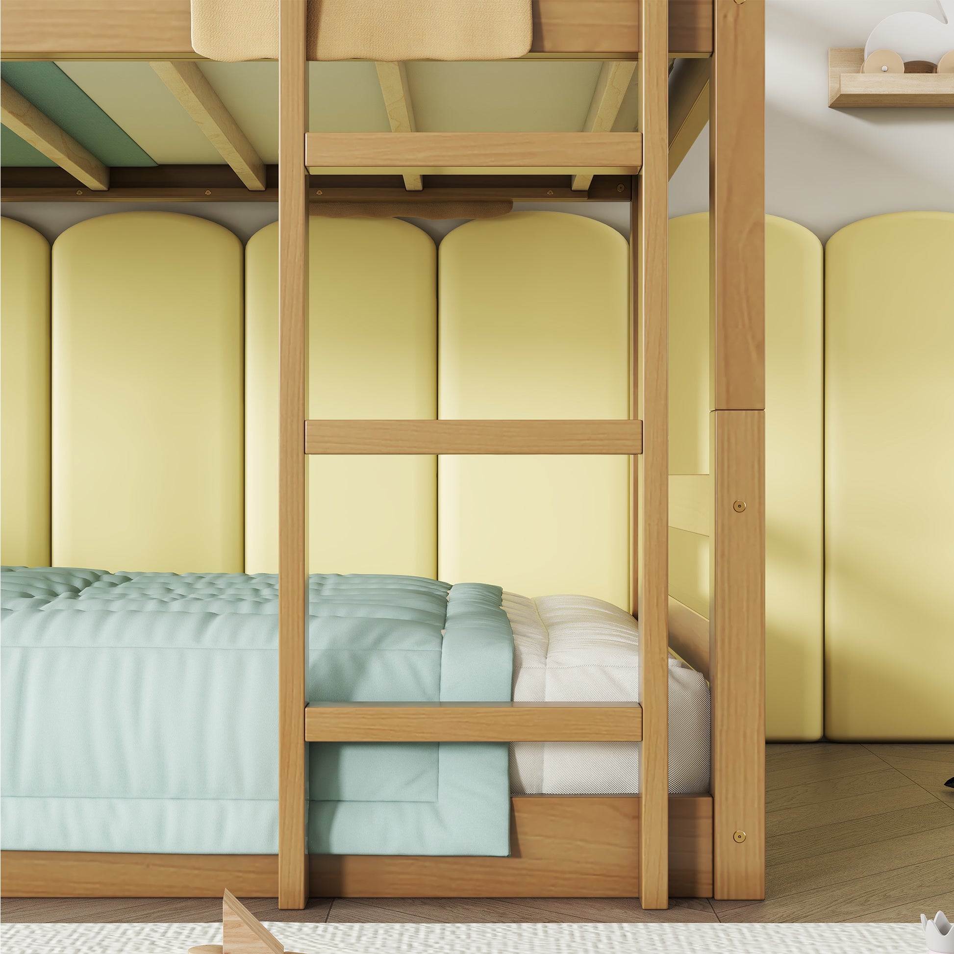 Wooden bunk bed frame with teal bedding and yellow padded wall