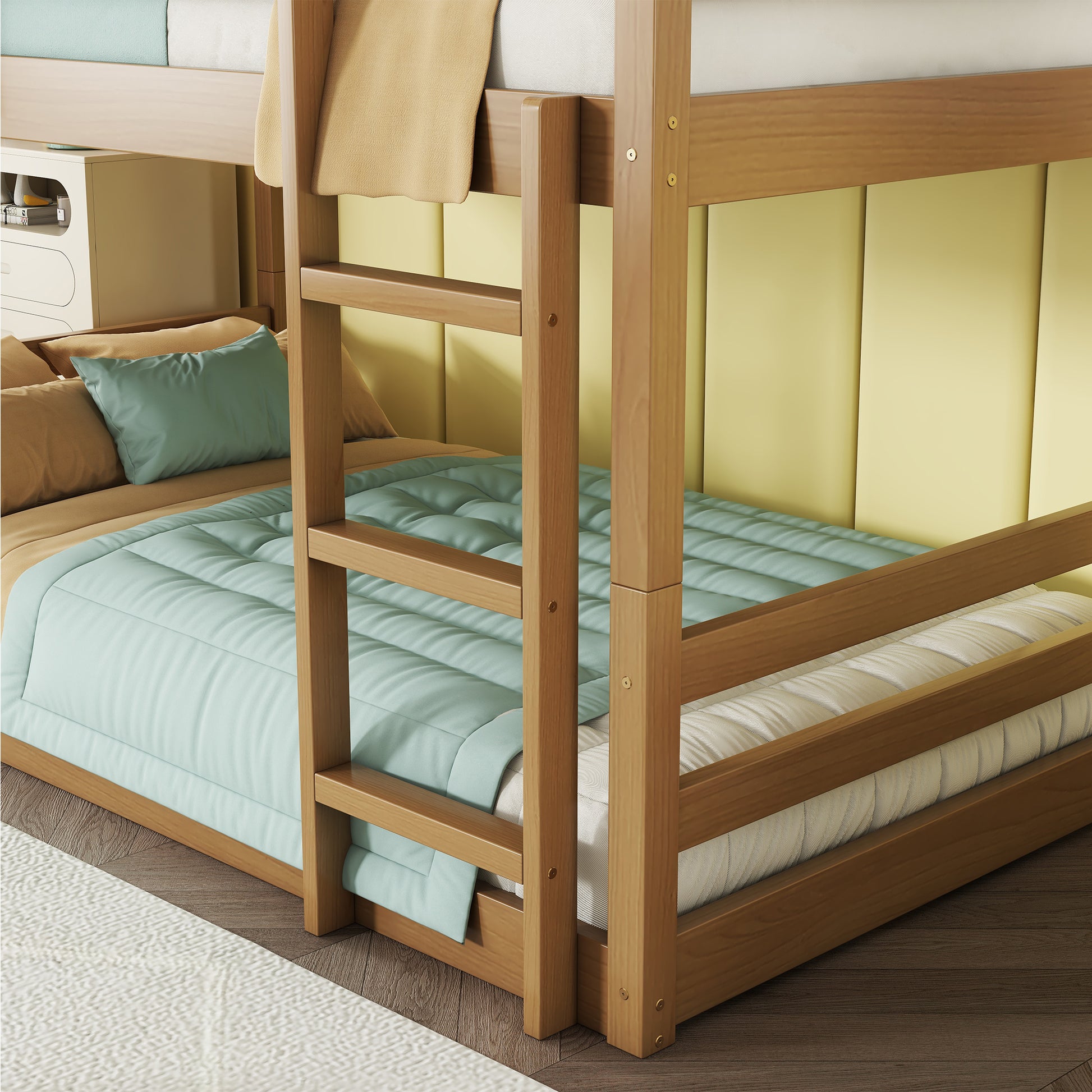Wooden bunk bed with light blue bedding and tan throw