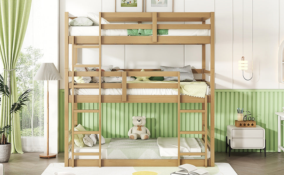 Natural wood triple bunk bed with ladders