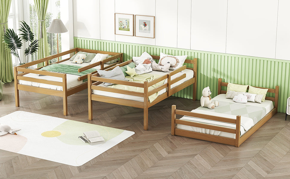 Natural pine wood twin bed with guardrails for kids