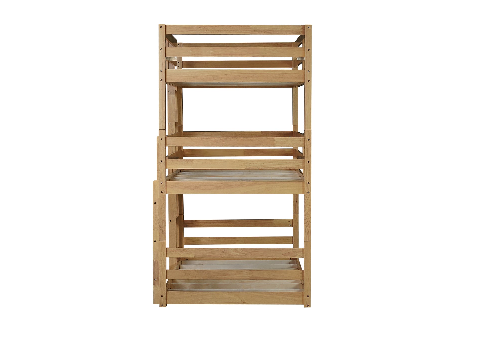 Natural wood tiered shelf unit with  open shelves and metal supports