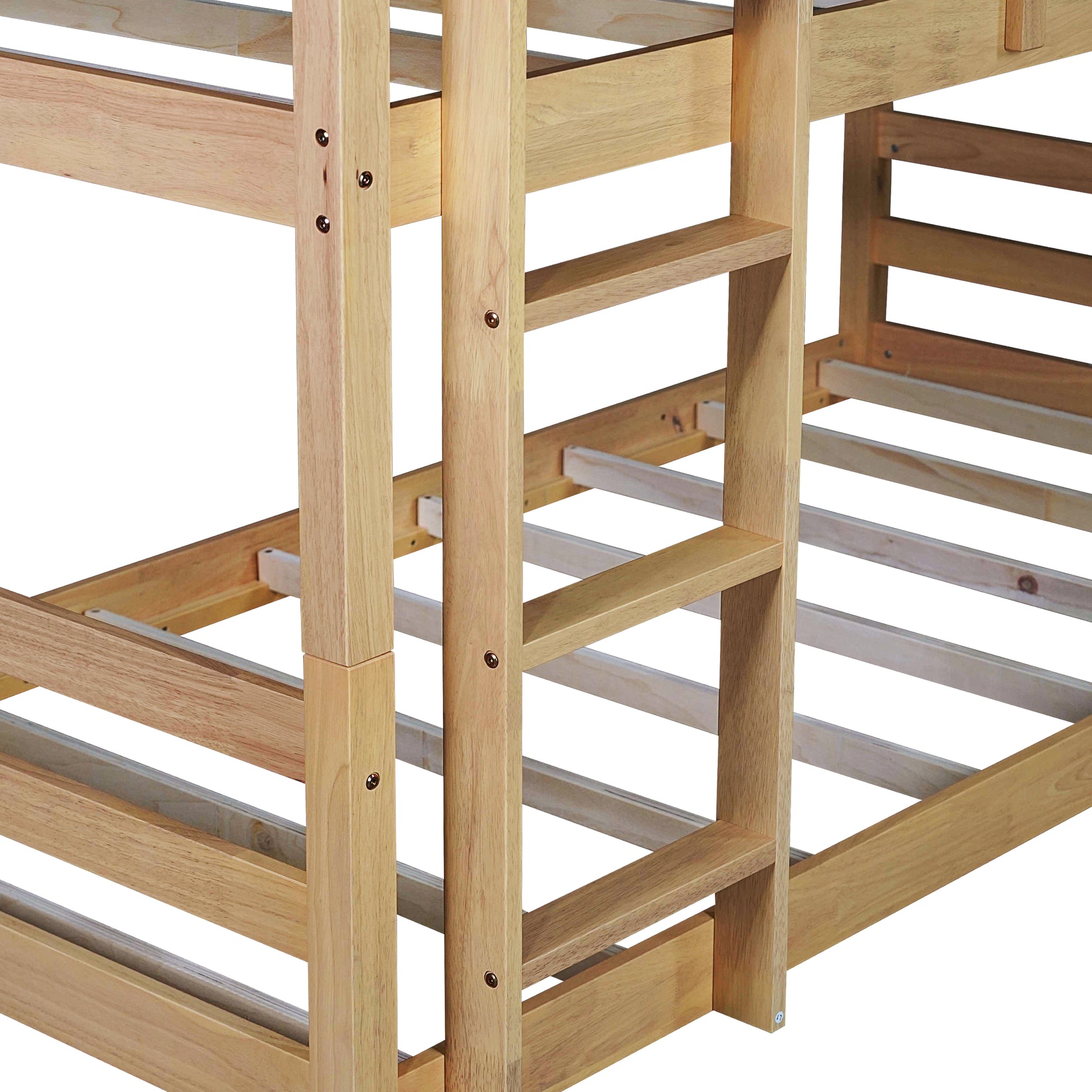 Natural pine wood twin bunk bed frame showing ladder and slatted base