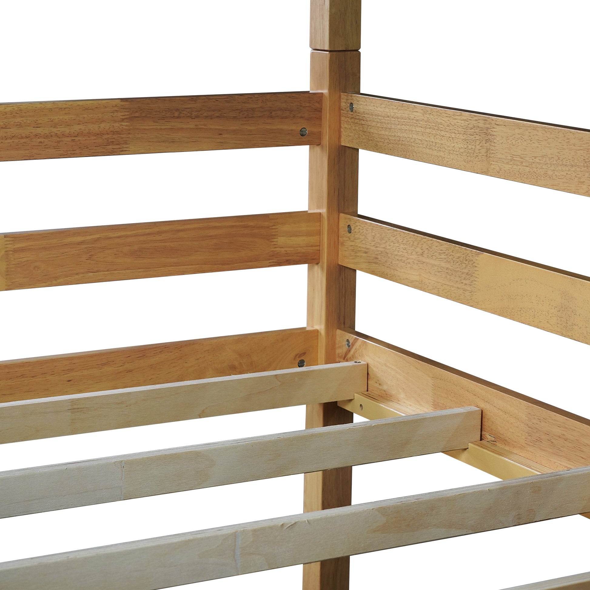 Natural wood bunk bed frame corner detail with slatted support