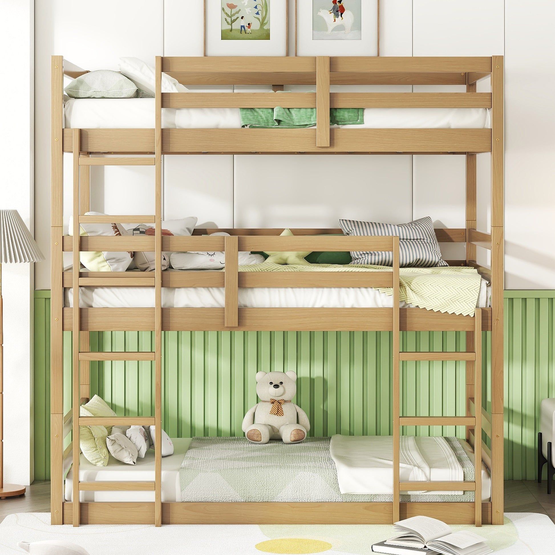Natural wood triple bunk bed with white bedding and decorative pillows