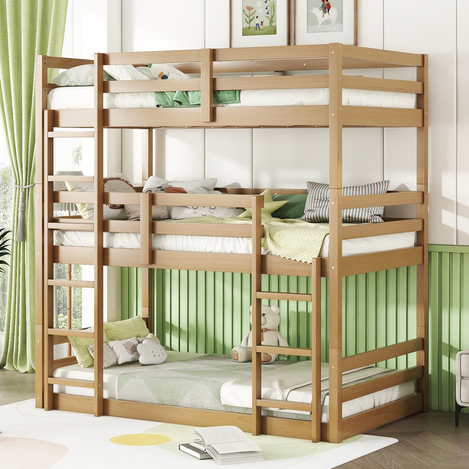 Solid wood triple bunk bed with ladders