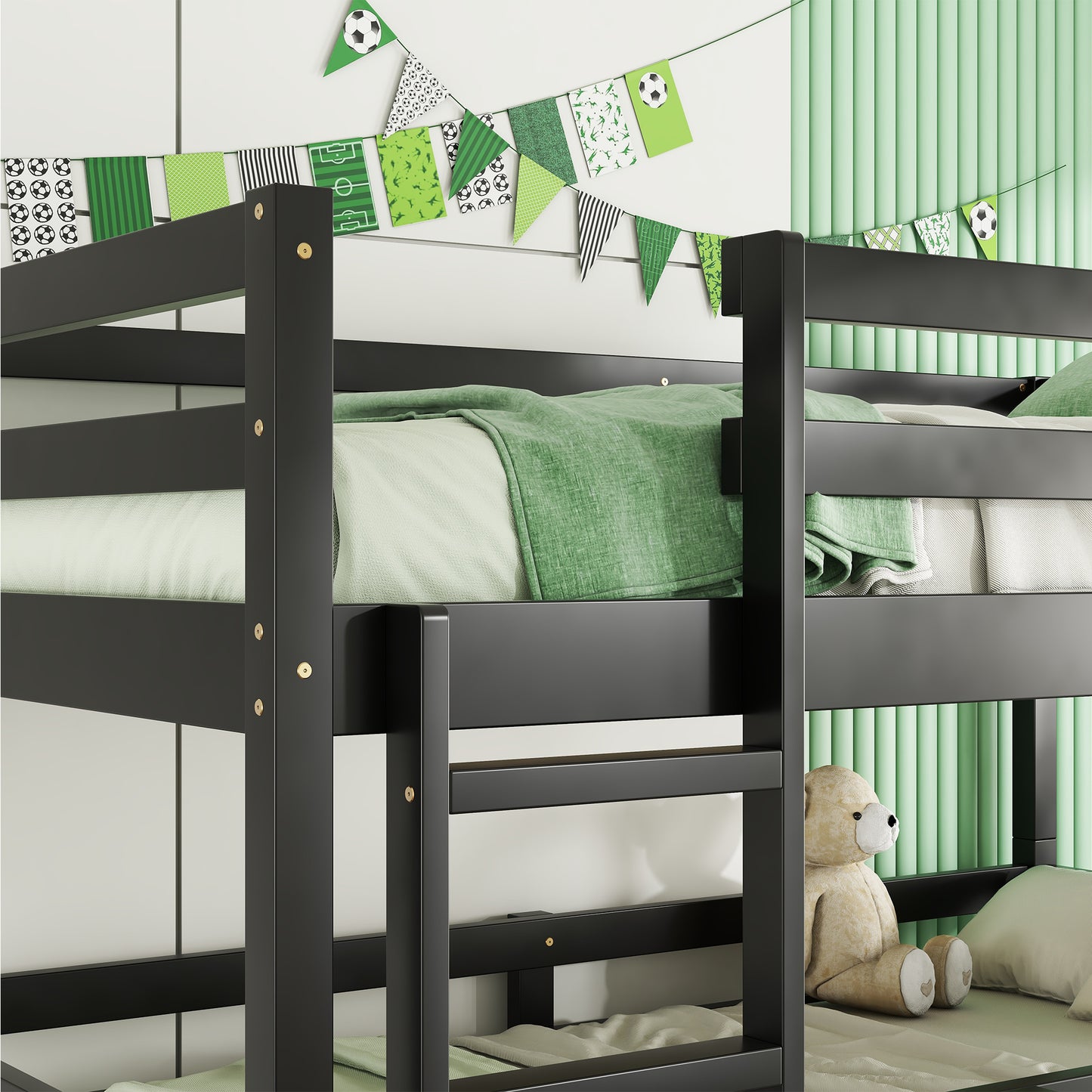 Black wooden bunk bed with green soccerthemed bedding and a teddy bear