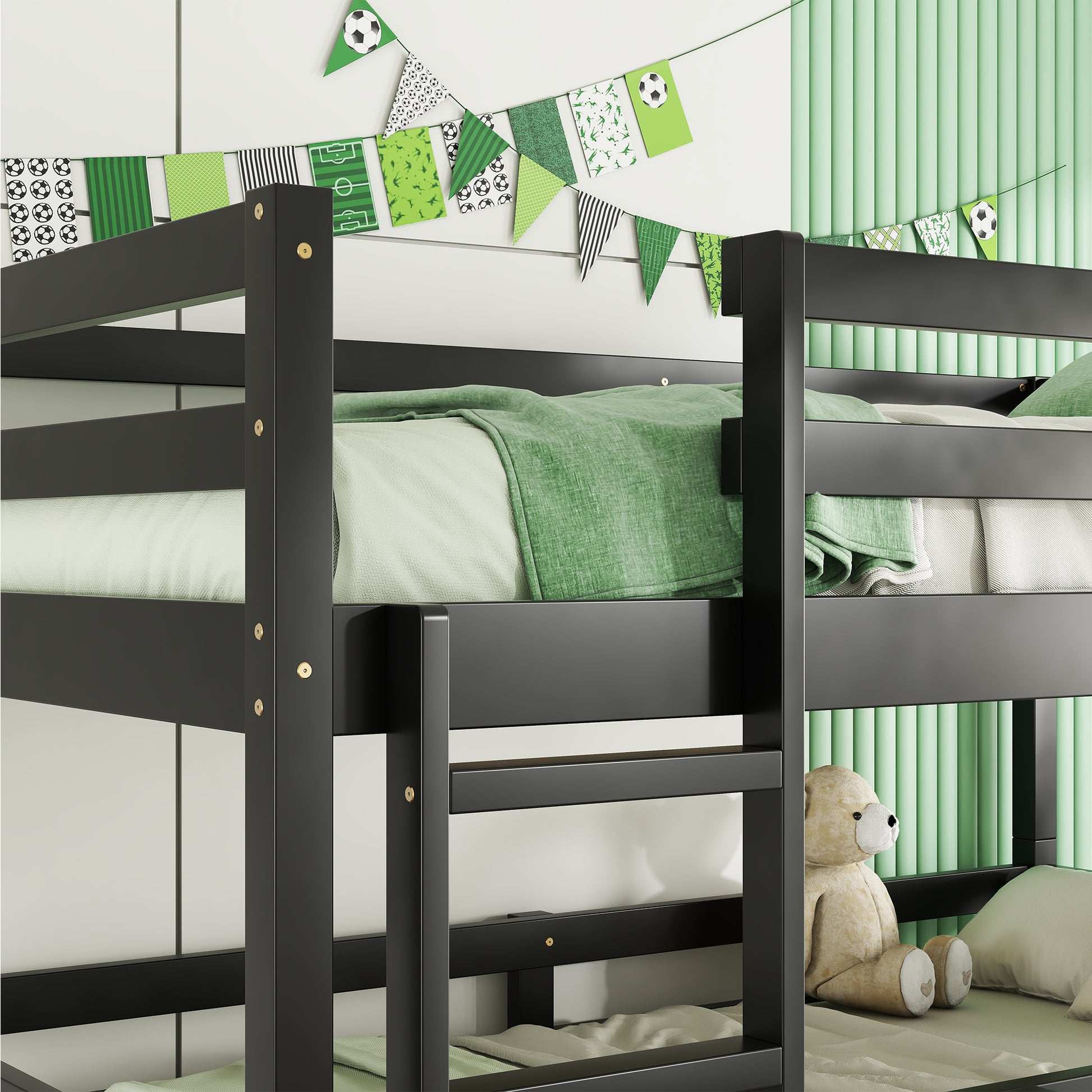 Black wooden bunk bed with green soccerthemed bedding and a teddy bear