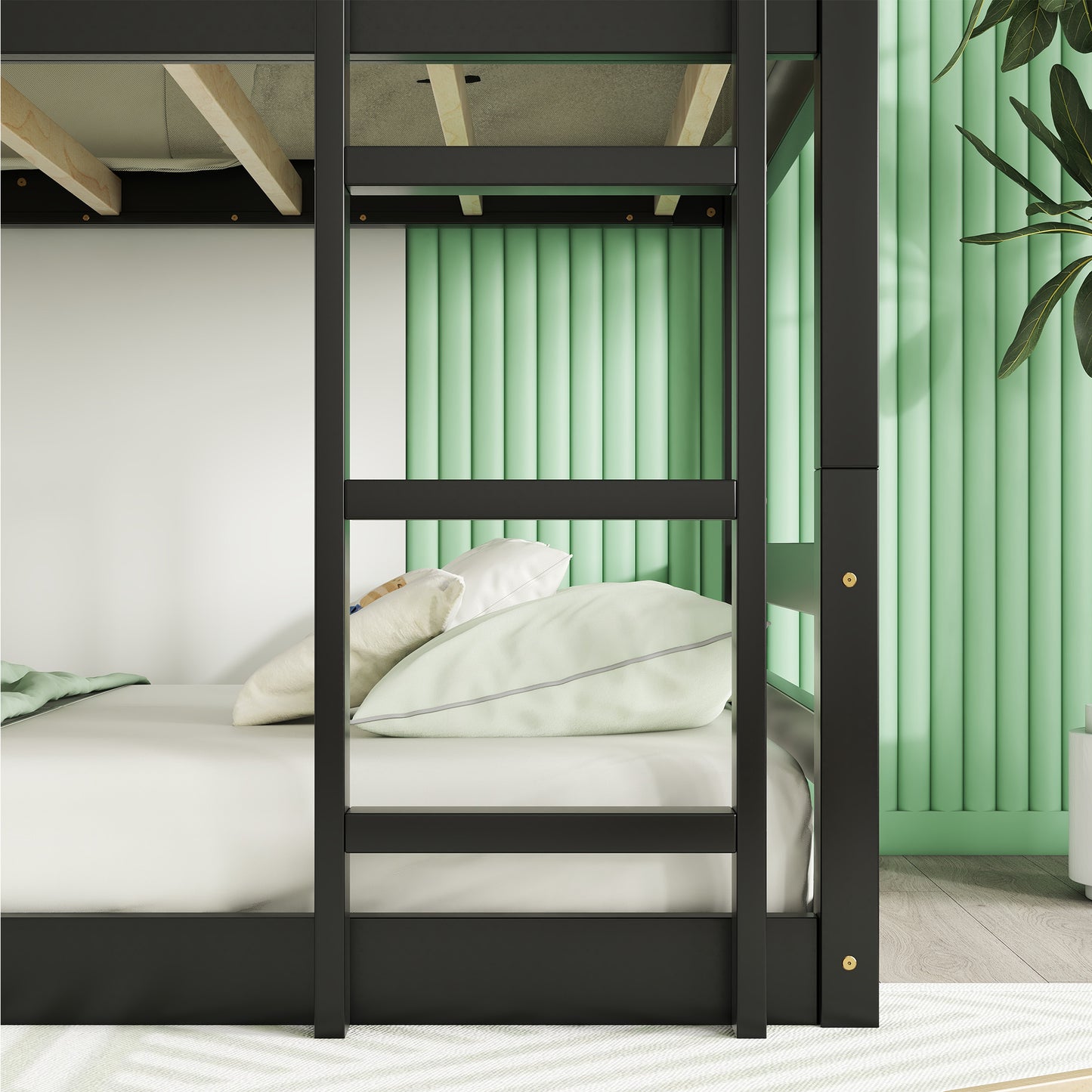 Black metal bunk bed frame with white mattress and light green pillows