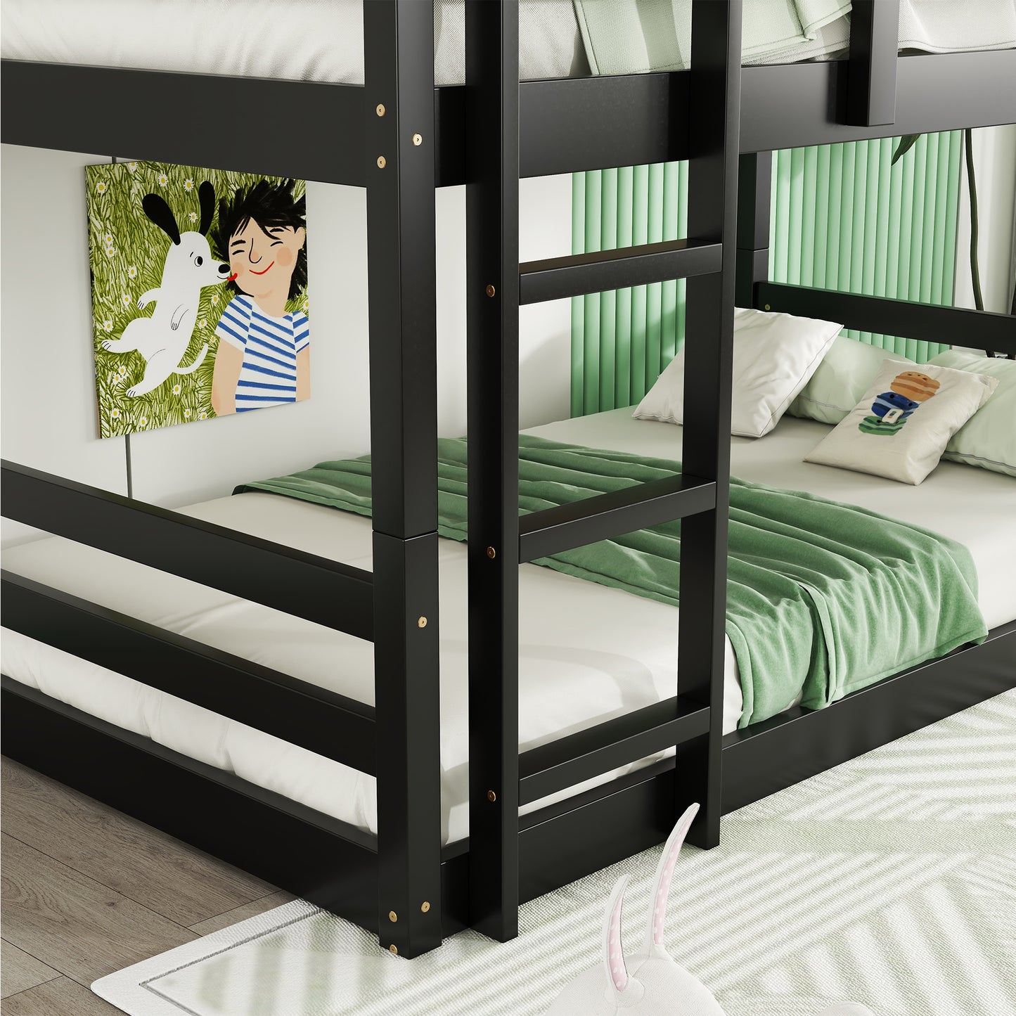 Black solid wood bunk bed with white linens and green accents