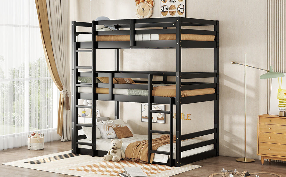 Black triple bunk bed with mattresses and bedding