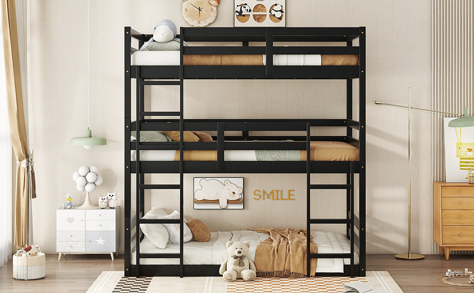Black wooden triple bunk bed with ladders for childrens bedroom