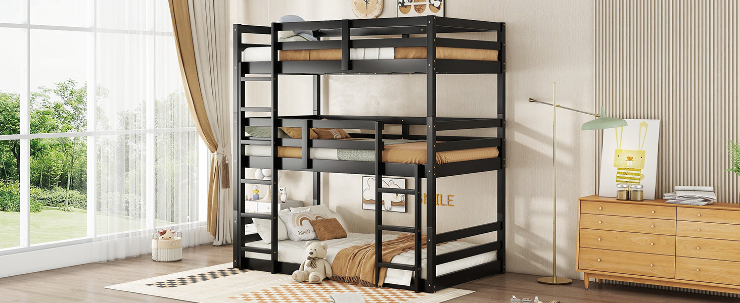 Black triple bunk bed with three beds stacked vertically