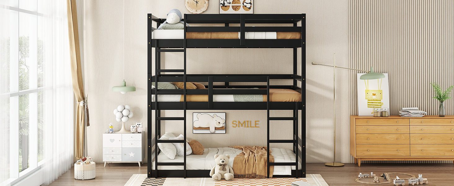 Black metal triple bunk bed with guardrails and ladders