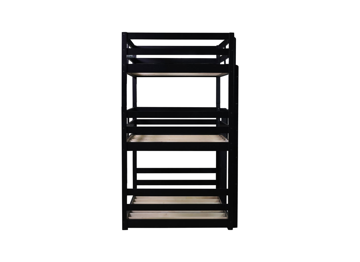 Black wooden bunk bed frame with slatted top bunk and natural wood slatted bottom bunk