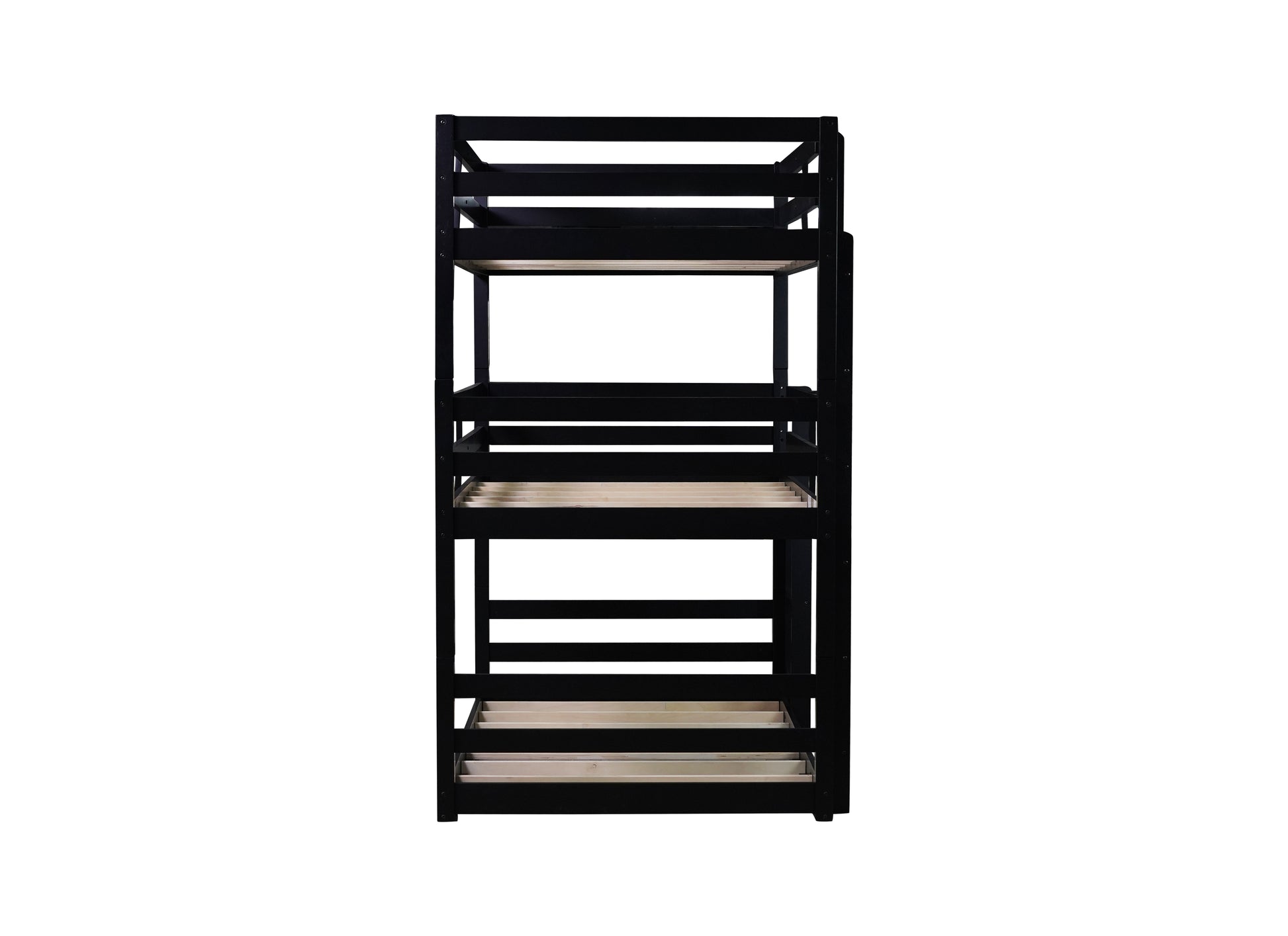 Black wooden bunk bed frame with slatted top bunk and natural wood slatted bottom bunk
