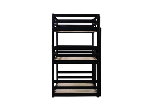 Black wooden bunk bed frame with slatted top bunk and natural wood slatted bottom bunk