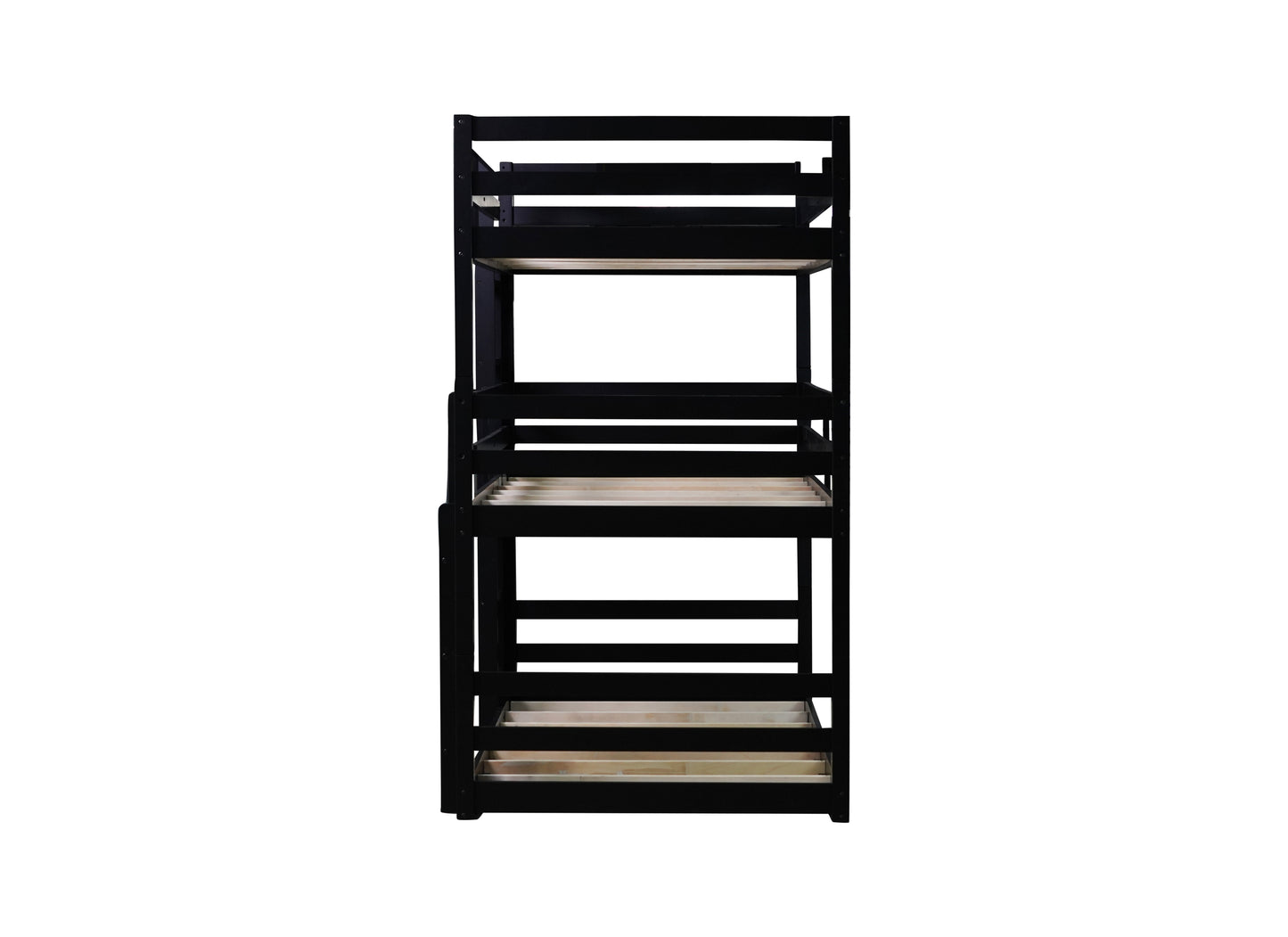 Black wood triple bunk bed frame with slatted surfaces and safety rails
