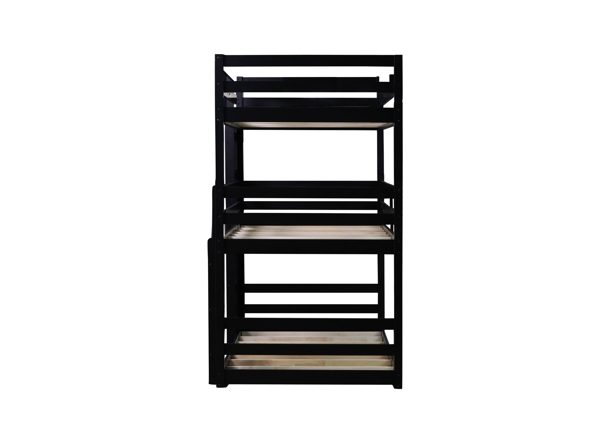 Black wood triple bunk bed frame with slatted surfaces and safety rails