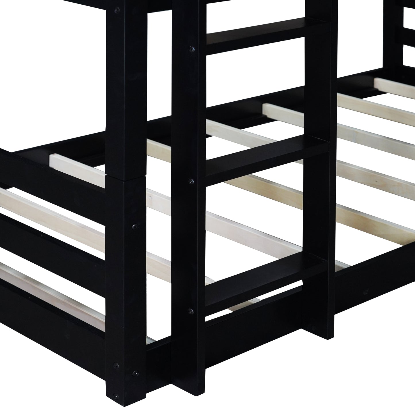 Black wooden bunk bed frame with slatted base visible
