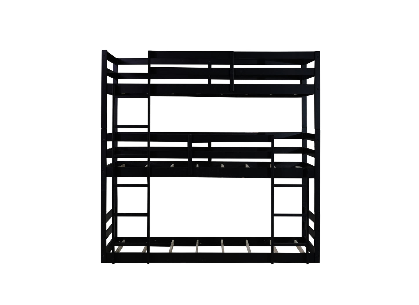 Black wooden triple bunk bed with ladder