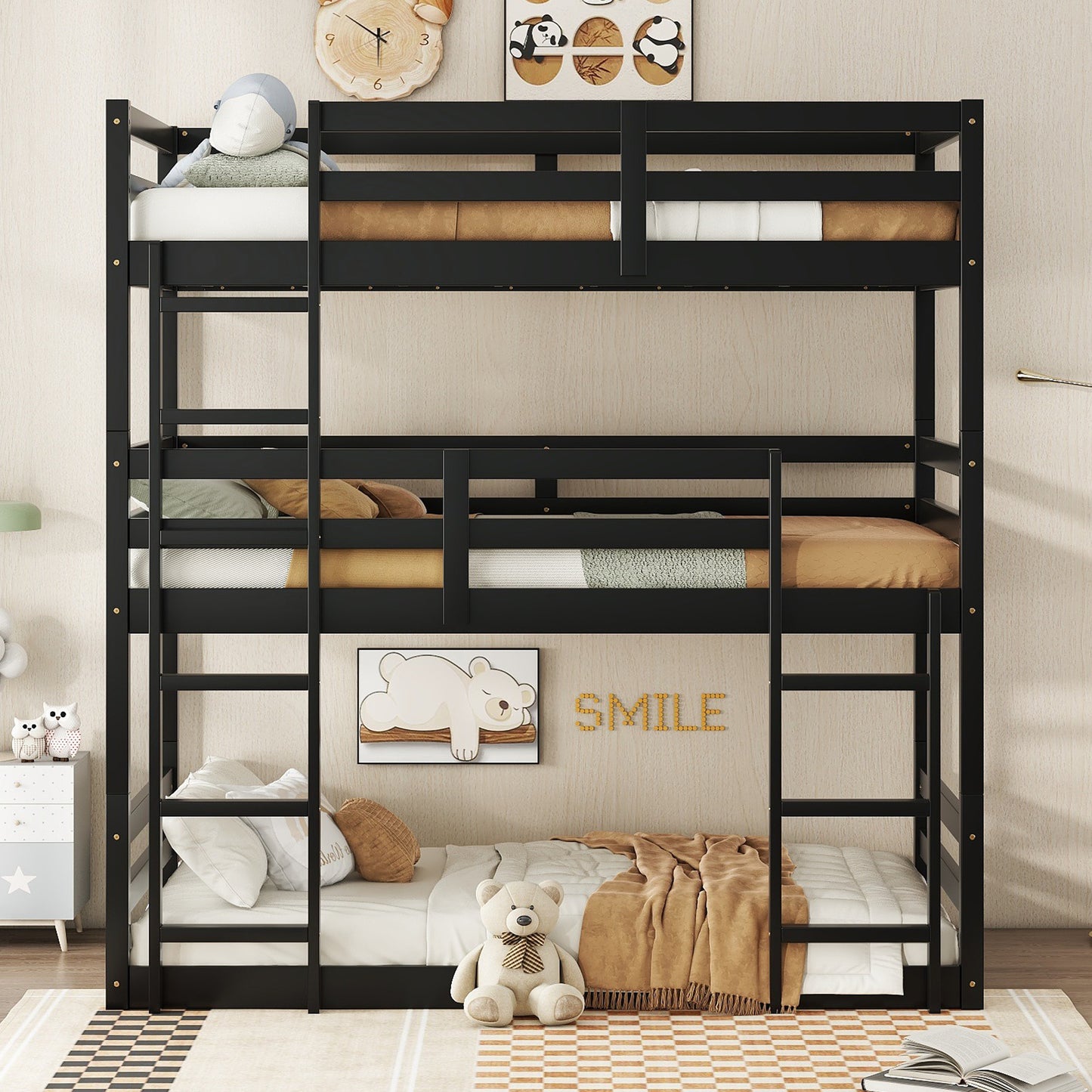 Black triple bunk bed with wooden frame and neutral bedding