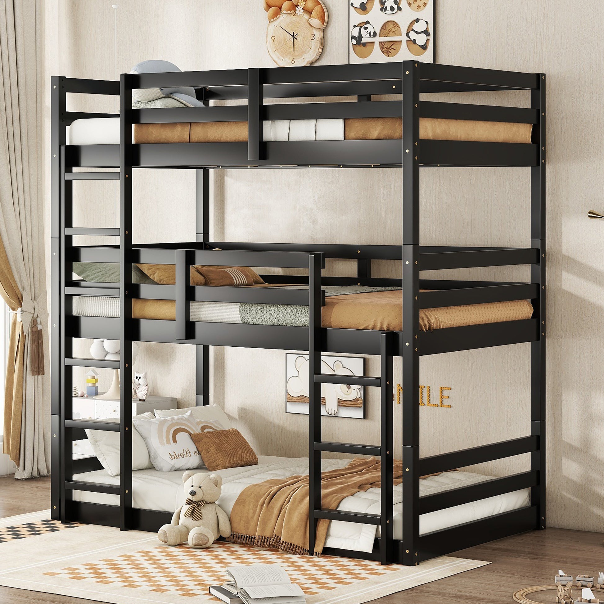 Black solid wood triple bunk bed with ladders on both sides for kids