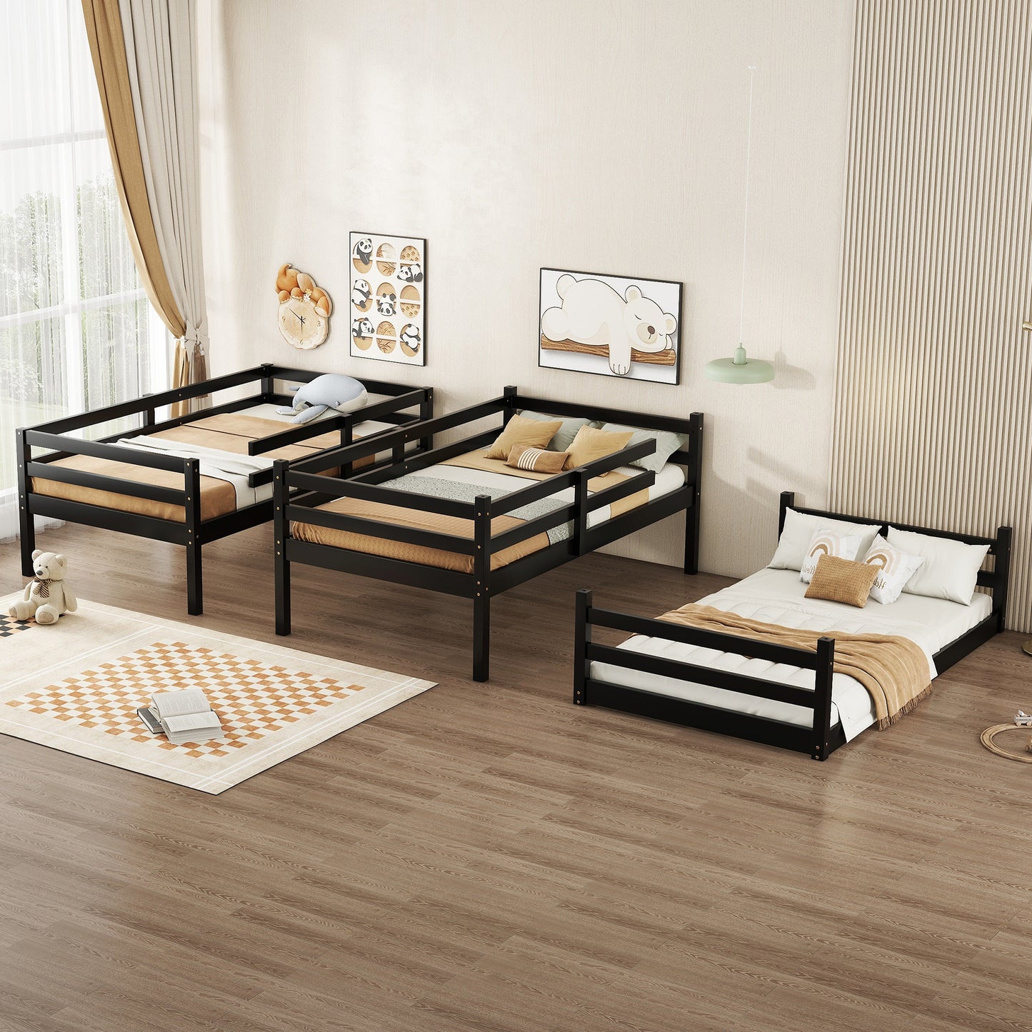 Black wood twin bunk bed with protective rails for safety