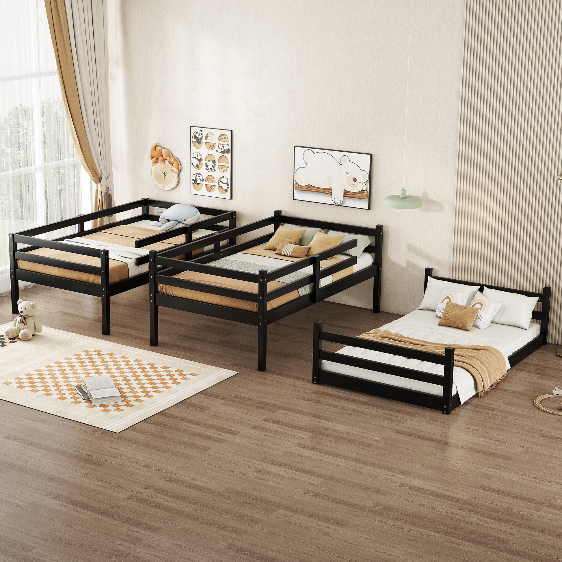 Black wood twin bunk bed with protective rails for safety