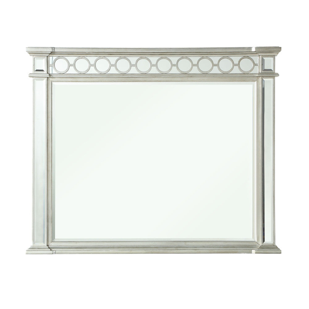 Silver wood accent mirror with decorative circular metal inlay