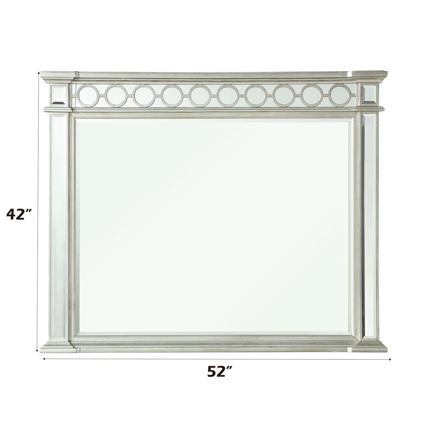 Silver framed rectangular mirror with decorative circle motif