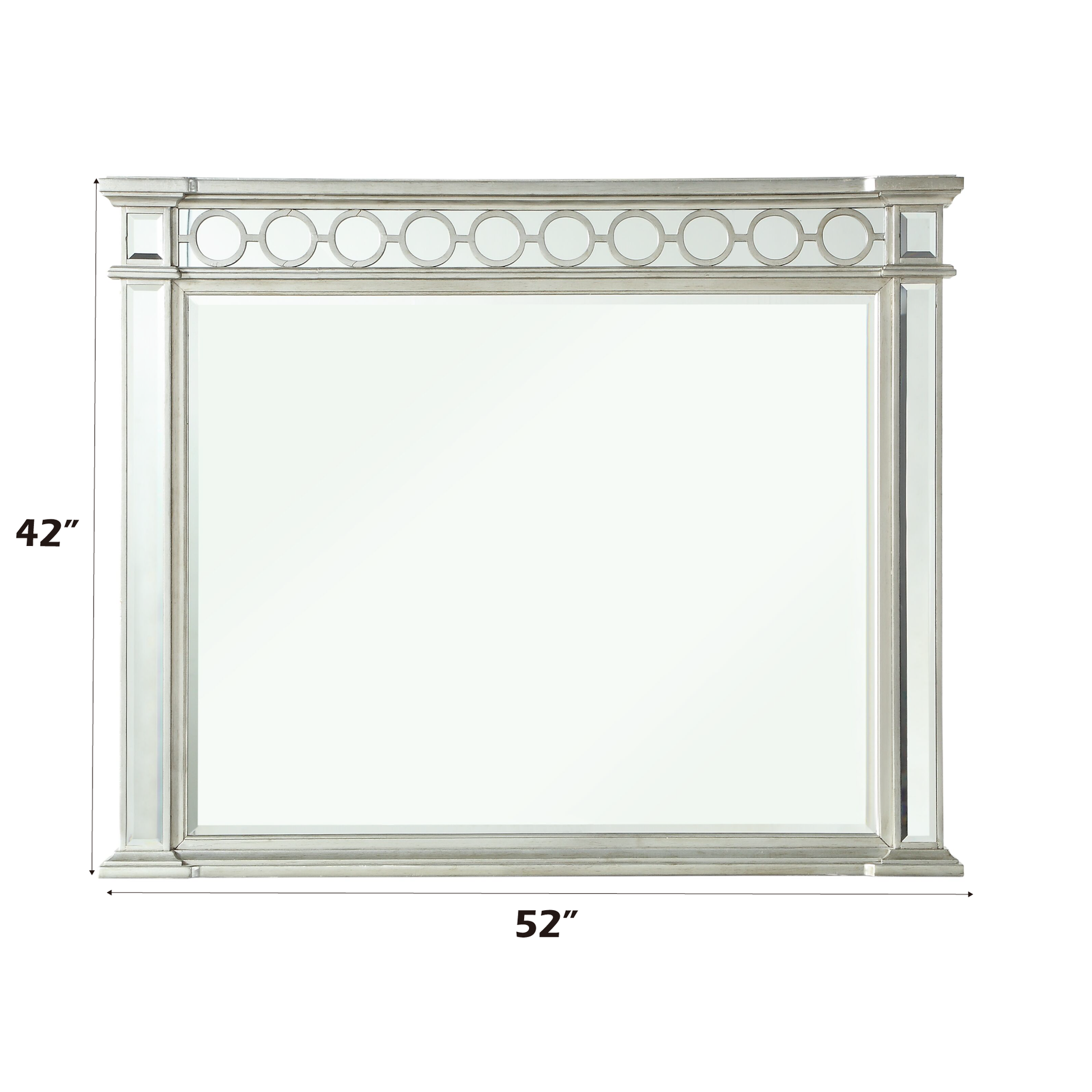Silver framed rectangular mirror with decorative circle motif