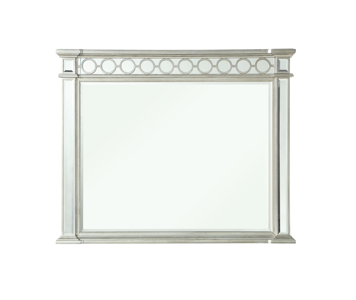 Glam decorative mirror with silver frame featuring circle accents and beveled mirrored panels