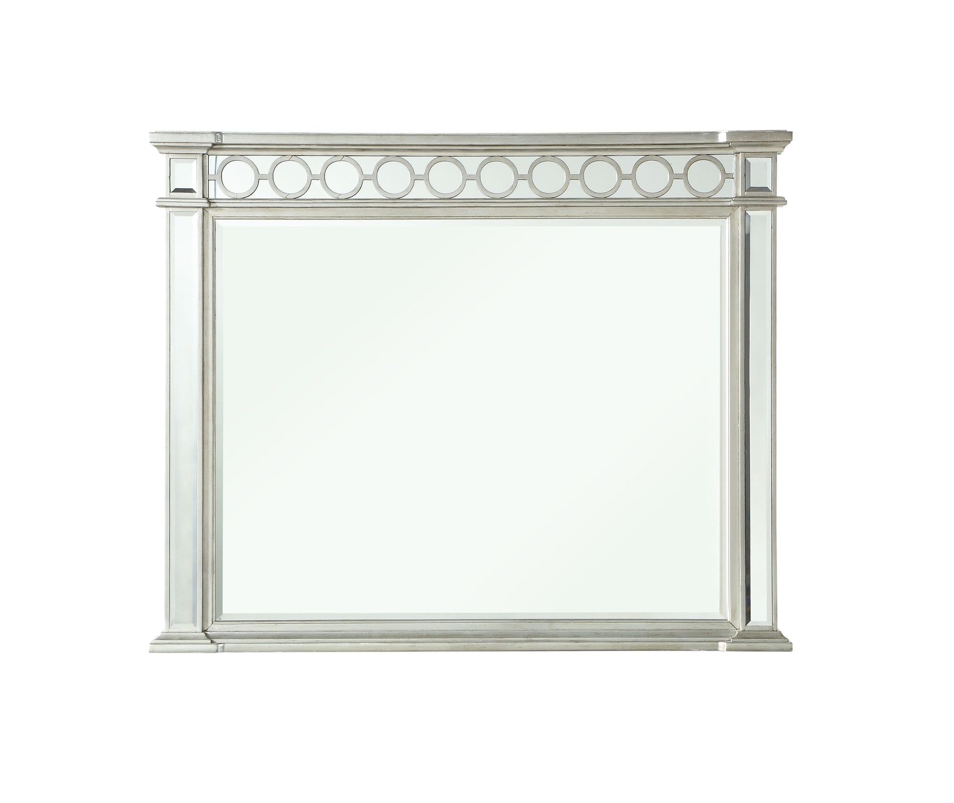 Glam decorative mirror with silver frame featuring circle accents and beveled mirrored panels