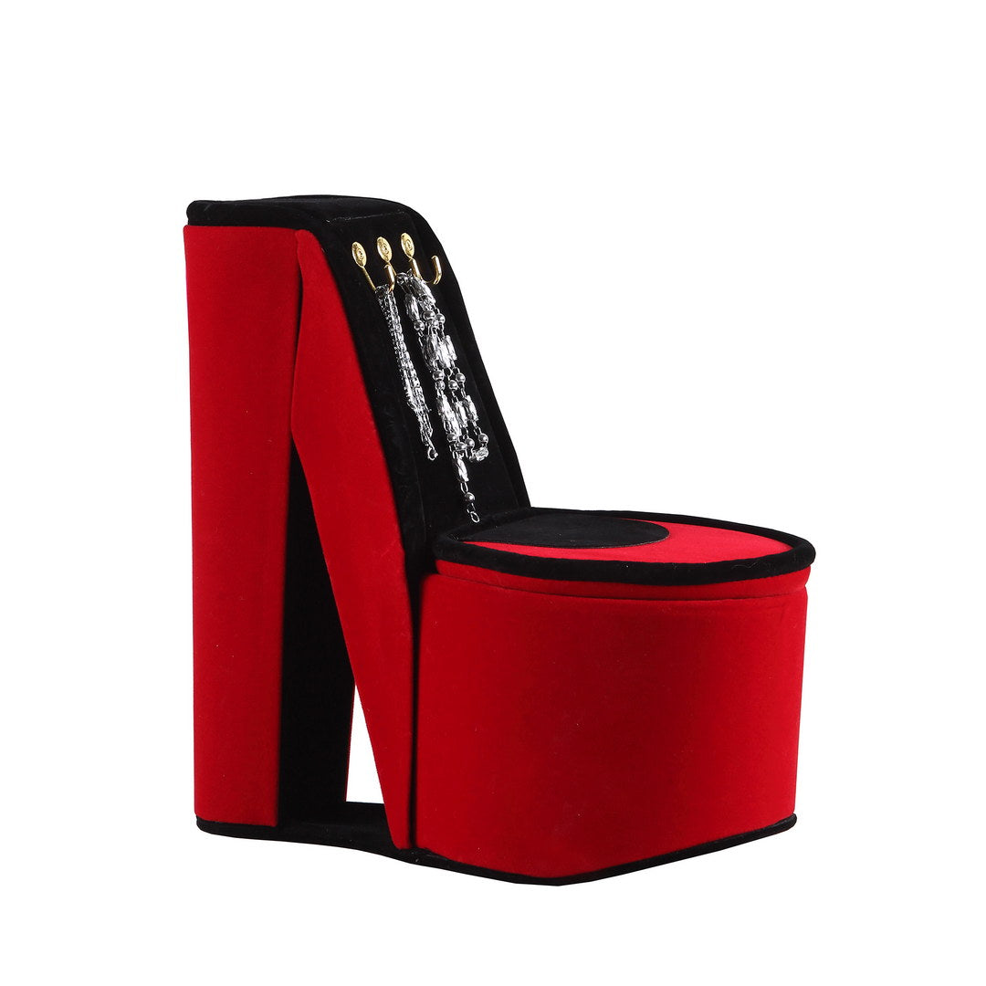 Red velvet stiletto heel jewelry organizer with hooks for earrings