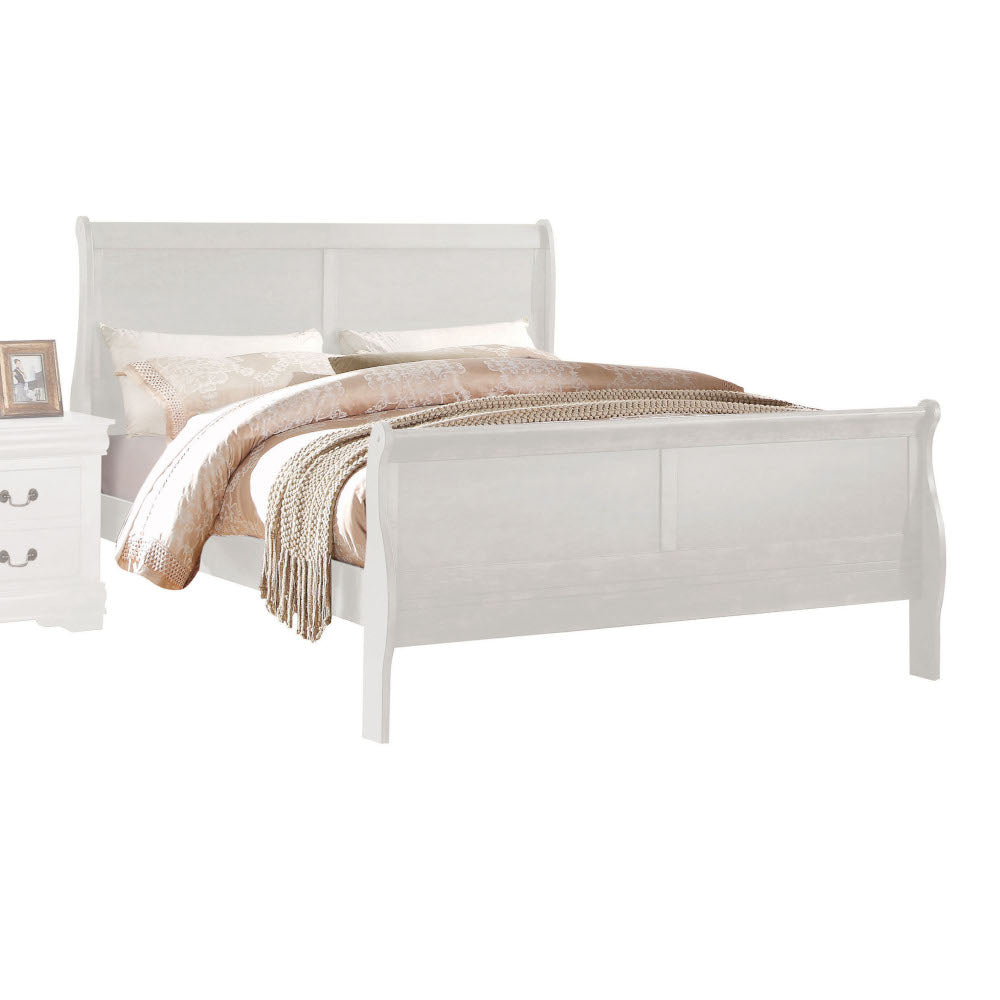 White sleigh bed frame with tufted headboard