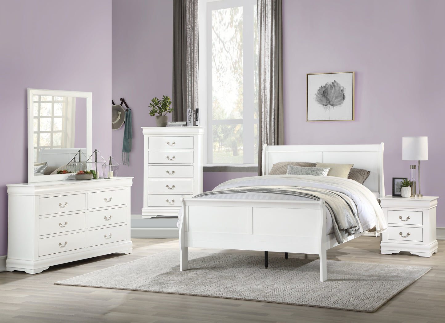 White sleigh bed frame with upholstered headboard and footboard