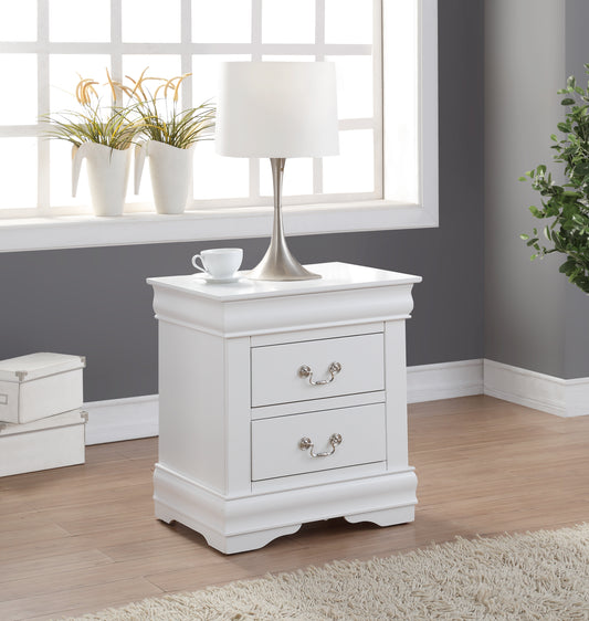 Elegant white nightstand with two drawers and ornate silver handles