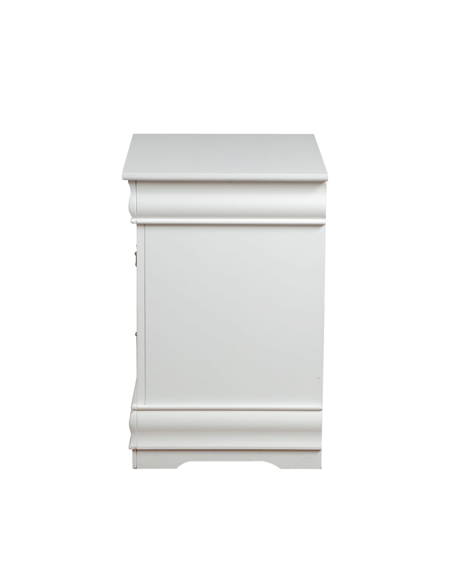 White wood nightstand with three drawers and ornate trim