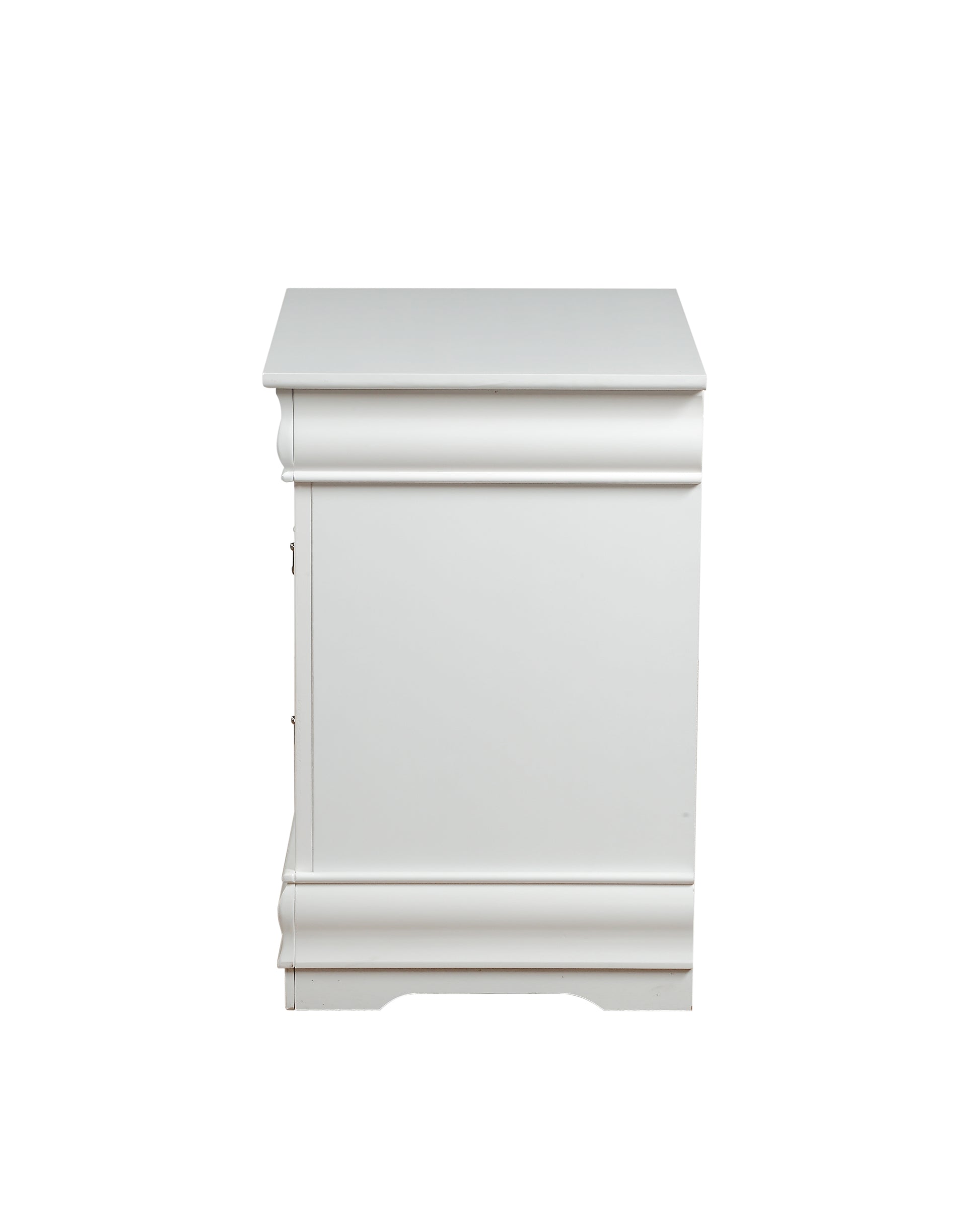 White wood nightstand with three drawers and ornate trim