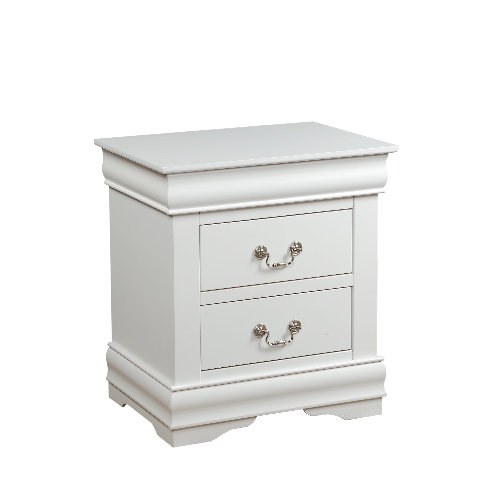 White wooden nightstand with two drawers and silver pull handles
