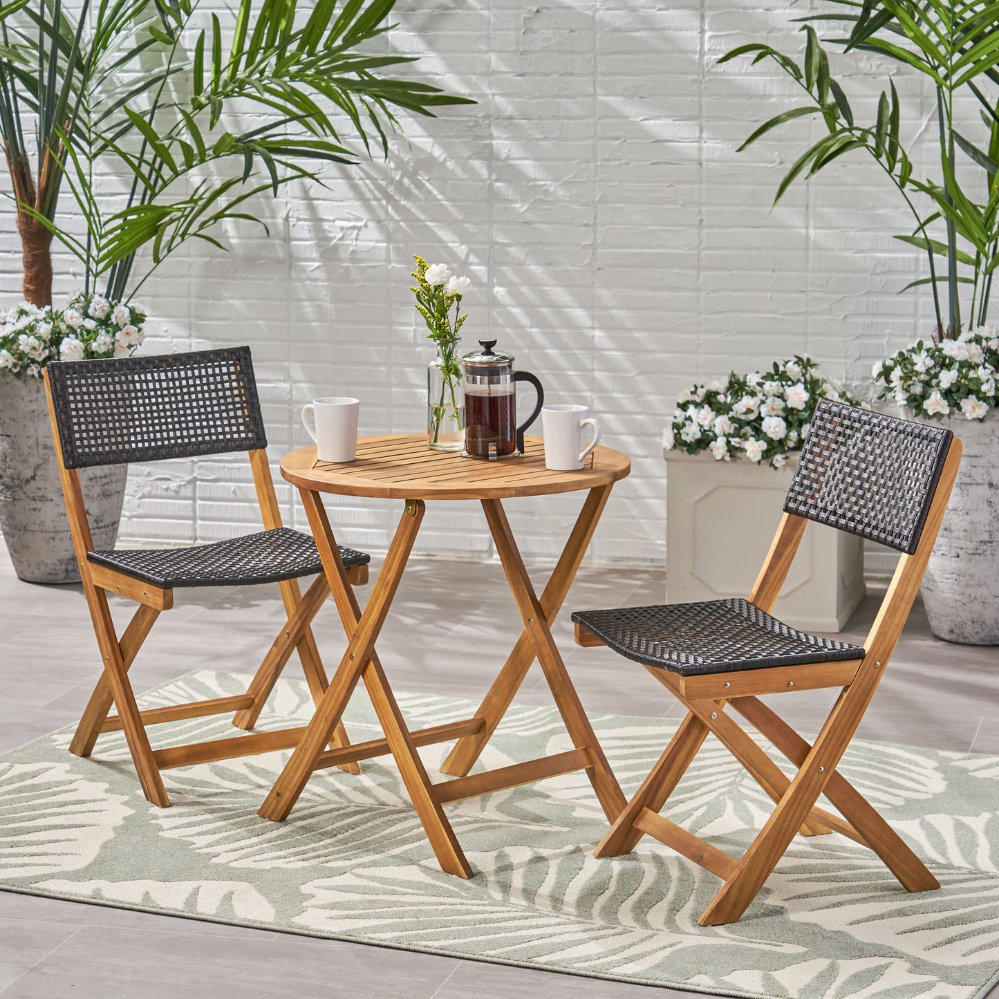 TREATLIFE HOME Bistro Set with 2 Woven Chairs and Round Slatted Table, Compact and Fully Assembled, Outdoor Use, Brown